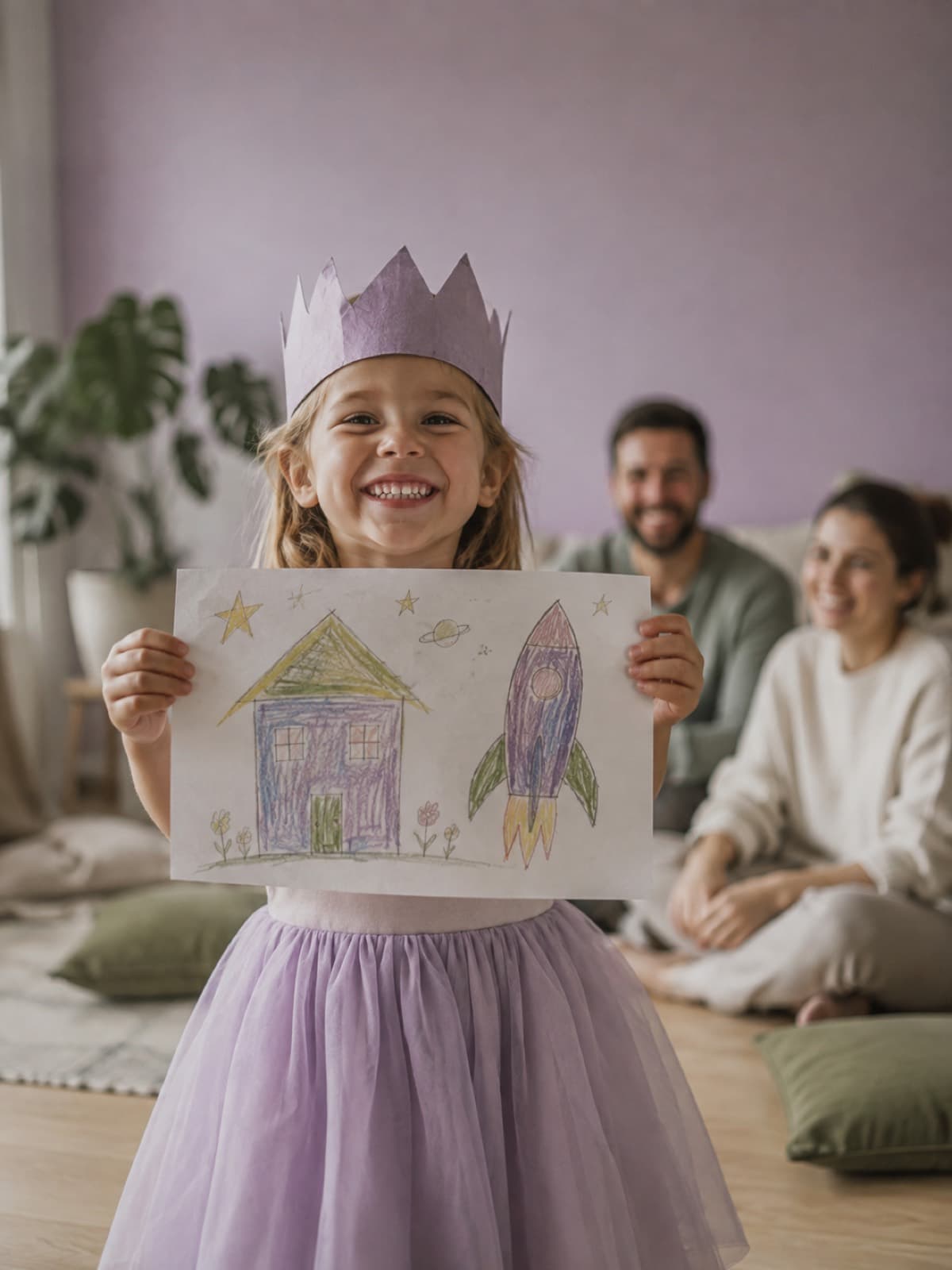 Ein Kind mit Papierkrone hält stolz eine selbst gemalte Zeichnung hoch, im Hintergrund die Eltern.
